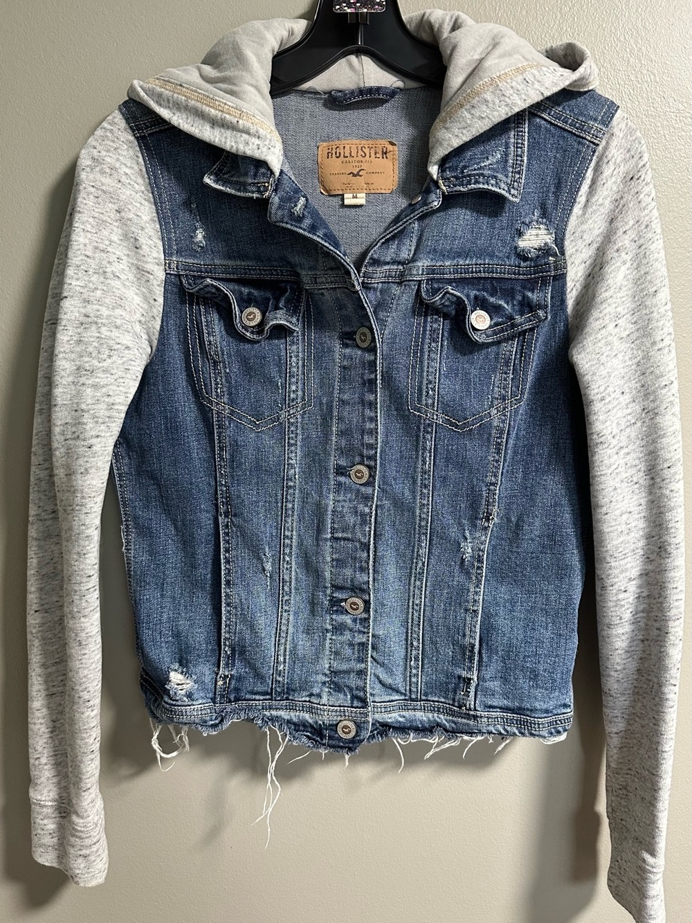 Hollister Blue Denim Jacket with Gray Hooded Sleeves Size Medium